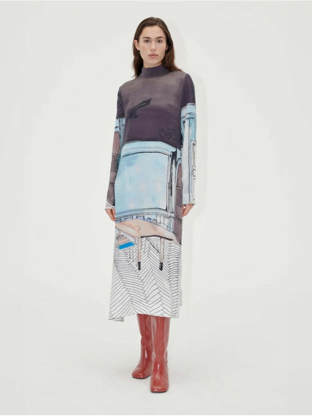 Women's Printed Long-Sleeve Midi Dress in Multi-Color
